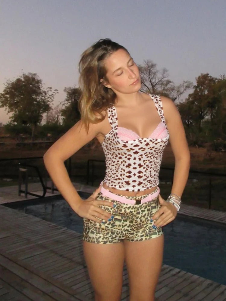 Hnewly Leopard Print Fashion Tank Tops Women Mesh Patchwork Square Collar Vest Hottie Street Sexy Hipster Classic Outfits