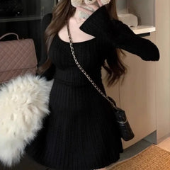 Hnewly  Knitted Women Dresses Solid Autumn Winter A-line Chic Mini Dress Korean Fashion Elegant Versatile Vestidos Mujer