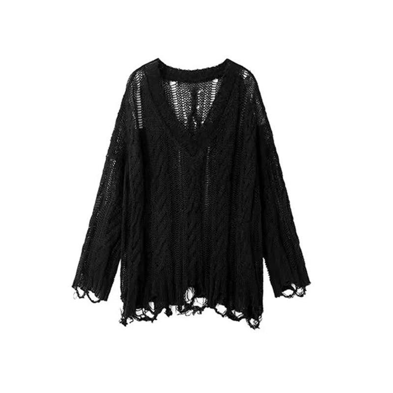 Hnewly  Distressed Sweater for Women See-through Openwork Knit Long Sleeve V-Neck Ripped Pullovers Teen-girl Y2K Grunge Outfit