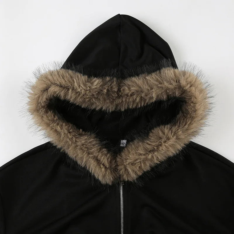 Hnewly y2k Jacket Women Punk Gothic Clothes Solid Color Fur Collar Zip Up Long Sleeve Coat 2000s Grunge Clothing Streetwear