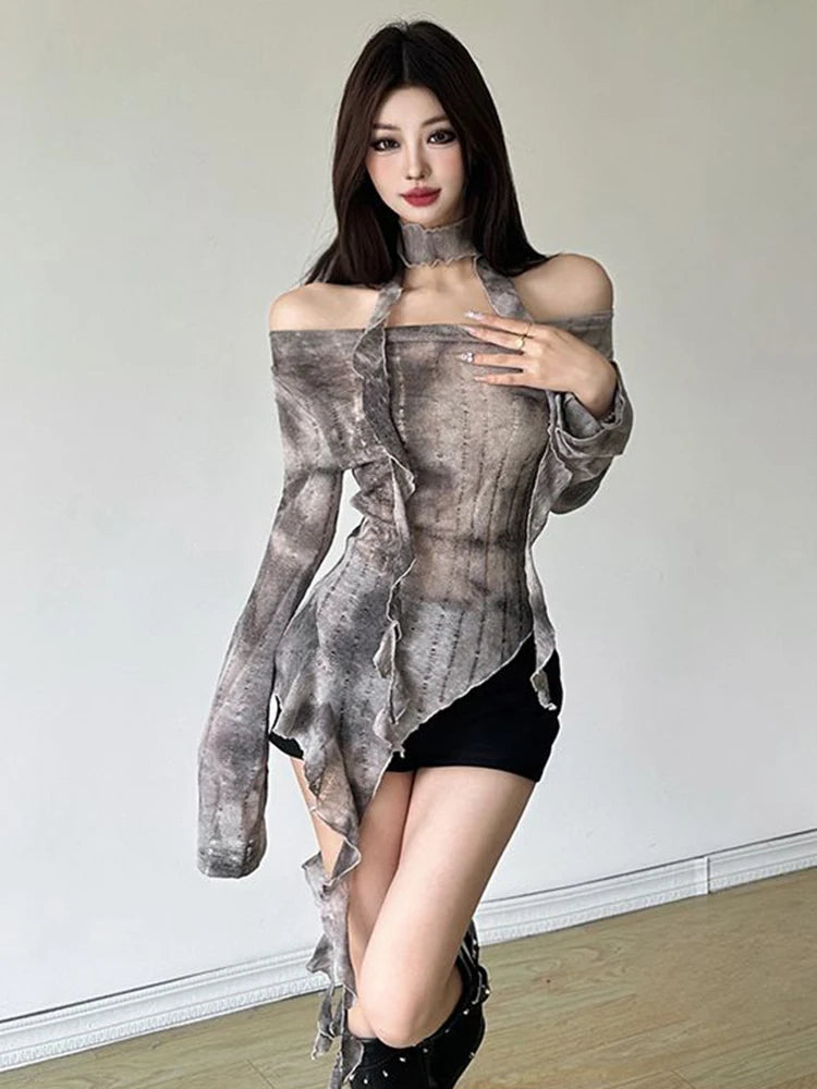 Hnewly Tie Dye Y2K T Shirts Women Sexy Off Shoulder Slim Gothic Tops Streetwear Vintage Long Sleeve Lace Up Lady Slash Neck Tees
