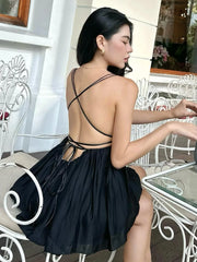 Hnewly  Backless Patchwork Dress Women Sexy Cross Lace-Up Sleeveless Deep V-Neck Solid Tierred Midnight Club Mini Bodycon