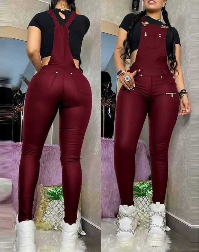 Hnewly Cool Stylish High-End Buckle Zipper Design Solid Color Jumpsuit Pants Slim Fit High Waisted Tight Fitting Ankle Strap Overalls
