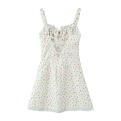 Lunivop  New French Style Vintage Rose Flower Print Wood ears Bow Ruched Chest Sling Dress Women Cross Lacing up Backless Short Vestidos