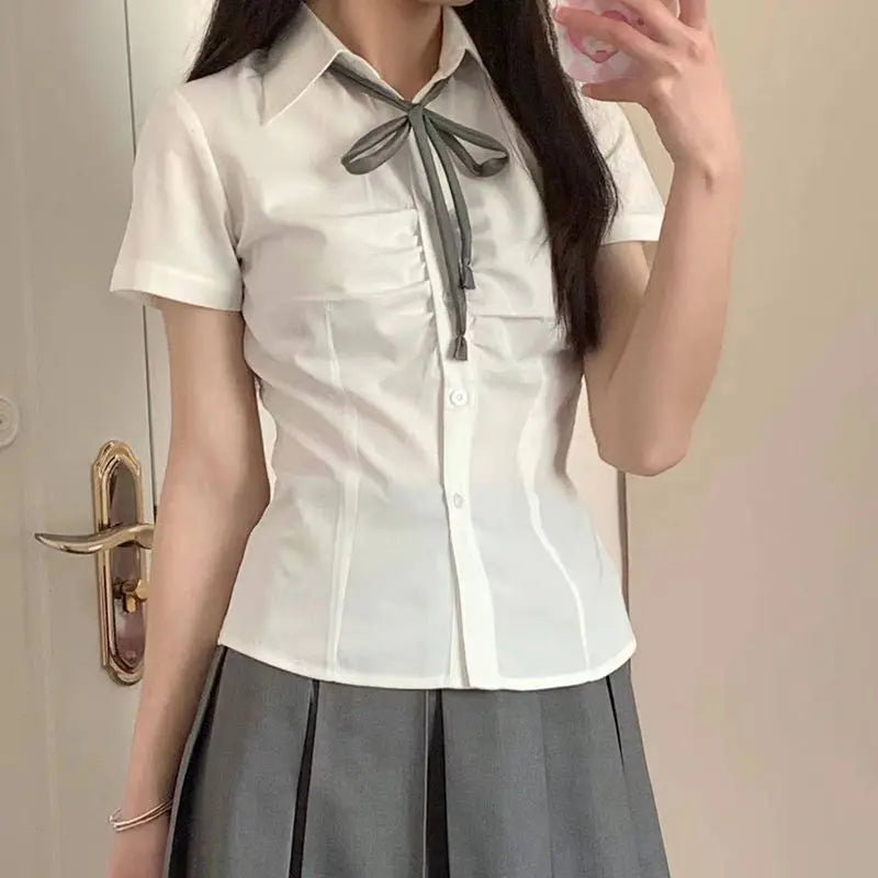 Hnewly Shirts Women Solid Preppy Simple Slim Summer Short Sleeve Chic Folds Leisure Female Korean Style All-match New Design Clothing