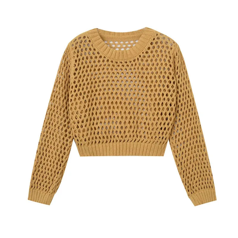 Hnewly Hollow Sun Protection Shirt Women's Summer Loose Pullover O-Neck Puff Long Sleeve Air Conditioning Knitwear Korean Retro Top