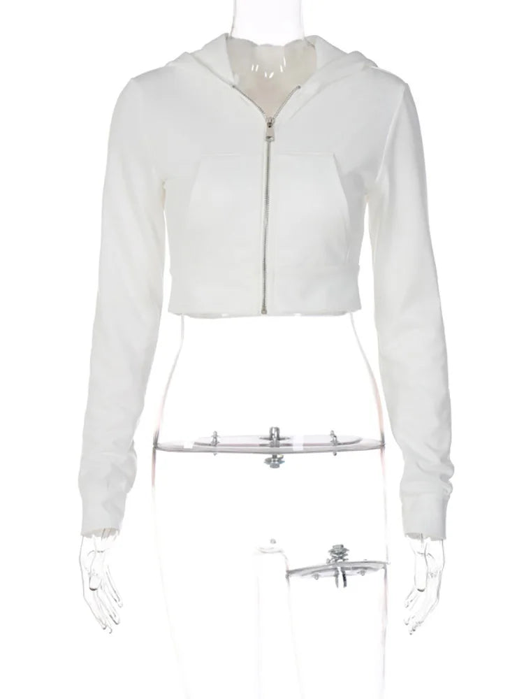 Hnewly FALL OUTFITS Y2K Aesthetic Vintage Basic Zip Up White Cropped Hoodies 2000s Fashion Big Pockets Front Hooded Long Sleeve Sweats Cute