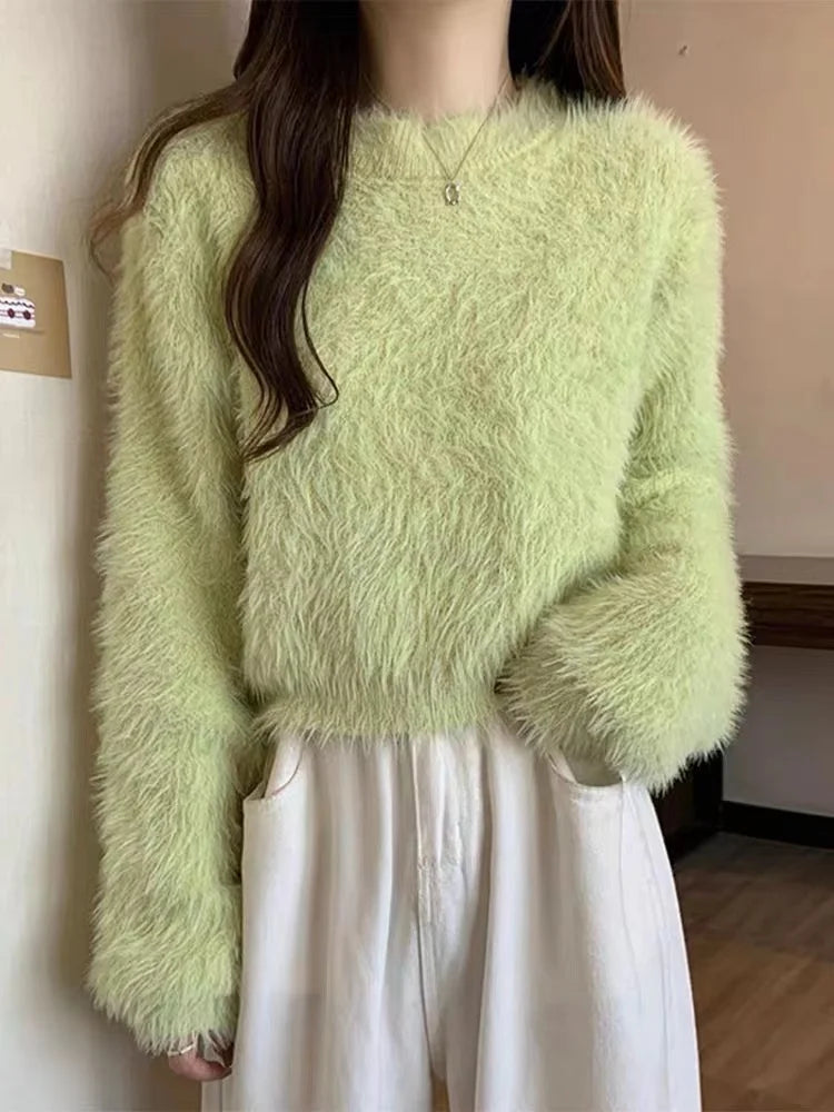 Hnewly  Women's Fuzzy Knitt Top Long Sleeve Mock Neck Fluffy Sweater Pullovers Cozy Plain Jumper Teen-girl Fall Winter Y2K Outfit