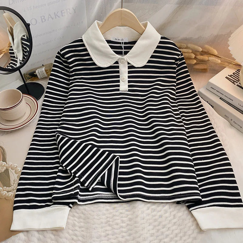 Hnewly  Classic Black White Striped Sweatshirts Casual Loose Turn-down Collar  Women's Spring 2025 New Korean Long Sleeve T-shirt Top
