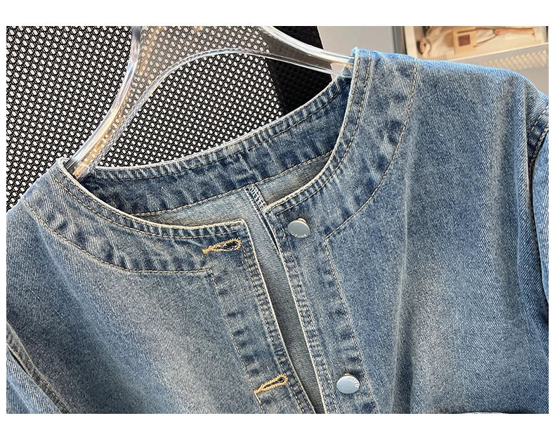 Hnewly  Light Blue Retro Denim Jacket Women's Spring Single Breasted Loose Cardigan Short Top Autumn O-Neck Long Sleeve All-Matched Top