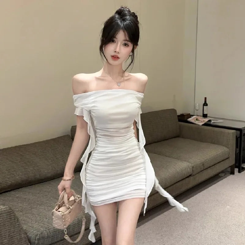 Hnewly  Woman Dress Strapless Ruffles Sweet Off Shoulder Patchwork Slim Sweet Backless Summer Fashion Party Mini Dresses Sexy