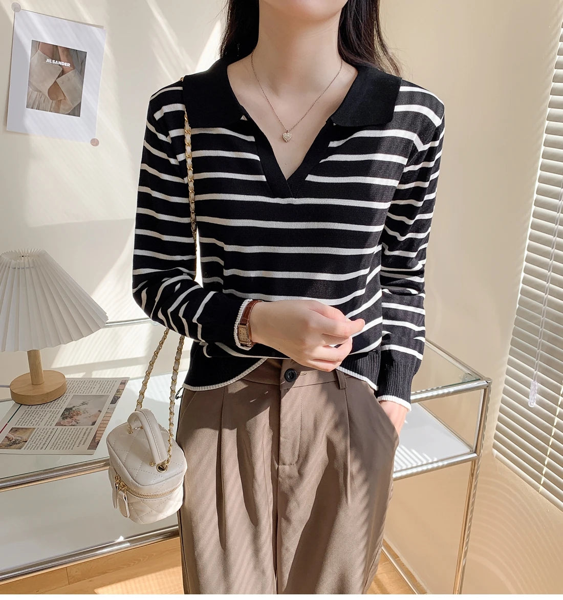 Hnewly  Striped Knit Pullover Sweater Women's Autumn 2025 New Lapel Shirt V-neck Loose Long Sleeve T-shirt Fashion Bottoming Short Top