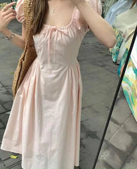 Hnewly  Woman Dress Sweet Square Collar Drawstring Square Collar Short Sleeve Summer Fashion Princess Female Elegant Dresses
