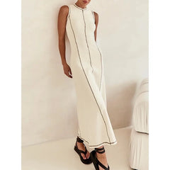 Hnewly  Tinaa Apricot Sleeveless Maxi Dress for Women Summer Striped O Neck Simple Basic Commuting Casual Long Dresses