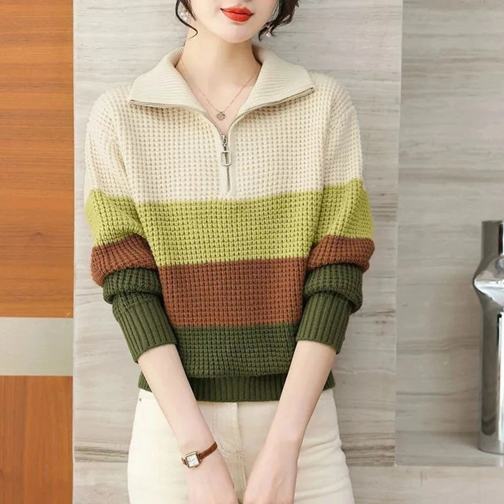 Hnewly  Knitted Stripe Sweater Women's Lapel V-neck Autumn Winter 2025 New Contrast Color Versatile Knitwear Long Sleeve Pullover Tops