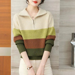 Hnewly  Knitted Stripe Sweater Women's Lapel V-neck Autumn Winter 2025 New Contrast Color Versatile Knitwear Long Sleeve Pullover Tops