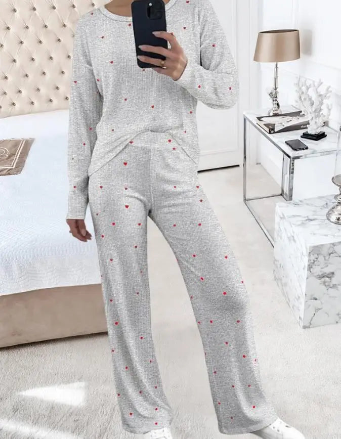 Hnewly  Heart-Patterned LongSleeve Round Neck Shirt and Pants Loungewear two Piece Set for Women Comfortable Matching Ensemble Set
