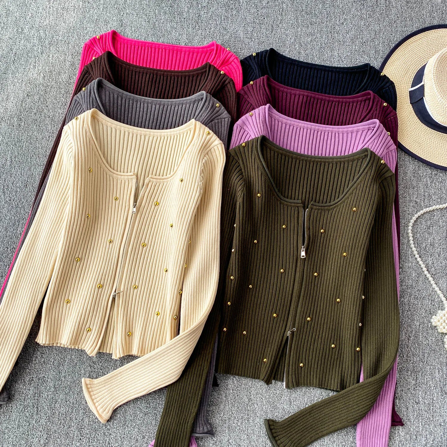 Hnewly  Beading Knitted Striped Zippered Sweater Cardigan Women's Spring Autumn O-Neck Top New Loose Harajuku Long Sleeved Outwear