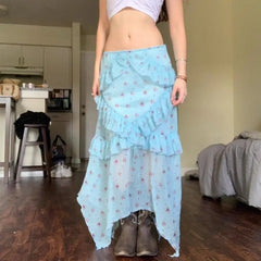 Hnewly  Vintage Floral Skirt Women Boho Mesh Y2k Ruffle Skirts Irregular Summer Fashion Layered Vacation Long Skirts Streetwear