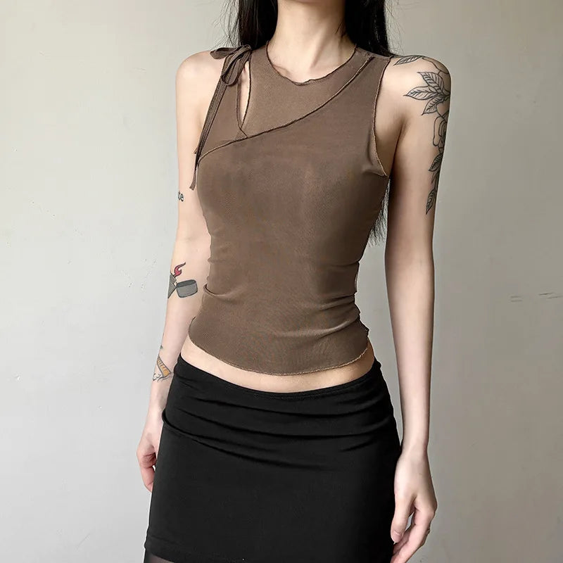Hnewly Summer Tanks Tops Women O-neck Slim New Stylish Sexy Sleeveless Solid Color Spliced Navel-Exposed Tee Woman Clothing