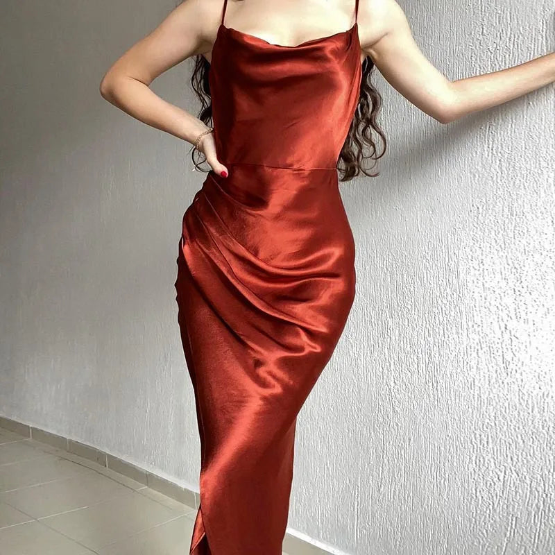 Hnewly Women's Spring New Strap Women's Dress, European and American High end Sexy Spicy Girl, Low cut Satin Split Back