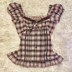 Lunivop  Harajuku Literary O Neck Short Sleeve T Shirt Y2k Fashion Constrast Color Plaid Slim Thin Women Tops Single Breasted Punk Blouse
