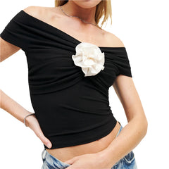 Hnewly y2k Clothes 2000s Crop Top Summer Women Contrast/Solid Color Off Shoulder Sleeveless T Shirt with 3D Flower Streetwear