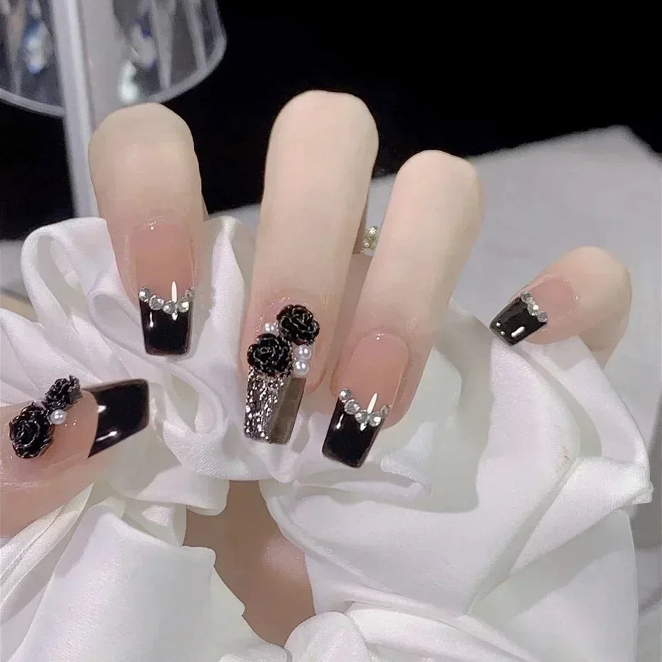 Hnewly 24Pcs False Nails French Gradient Ballet Fake Nails Press on Nails Black Heart Rhinestone Design Glitter Full Cover Nail Tips