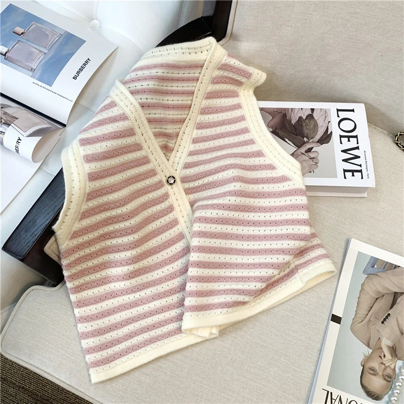 Hnewly  Spring V-Neck Striped Knitted Vest Korean Hollow Out Sleeveless Top Women's 2023 Autumn Loose All-Matched Outwear Cardigan Tank