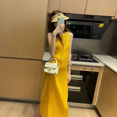 Hnewly  Yellow Strapless Long Dress Elegant Simple Style Beach Vacation Women's Dress Summer New Arrival Sleeveless H-Style Gown