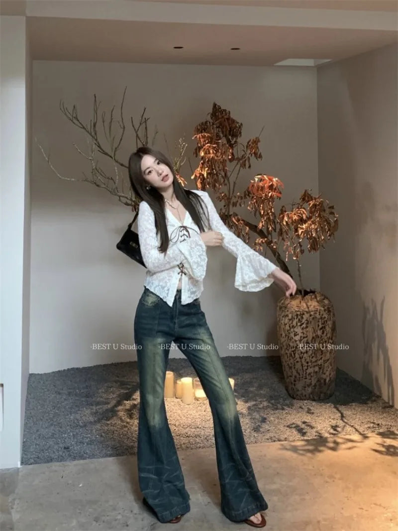 Hnewly  Hollow Out Mesh V-neck Lace Up Shirts Women Y2k E-Girl Slim Fit Long Sleeve Blouses Spring New Black Blusas De Mujer