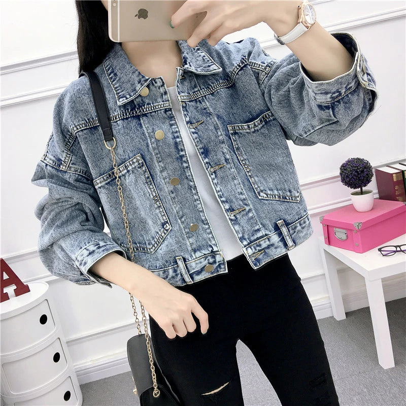 Hnewly Jean Jacket for Women Spring Autumn New Korean Bat Sleeved Short Top Loose BF Style Student Fashion Turn-down Collar Denim Coat