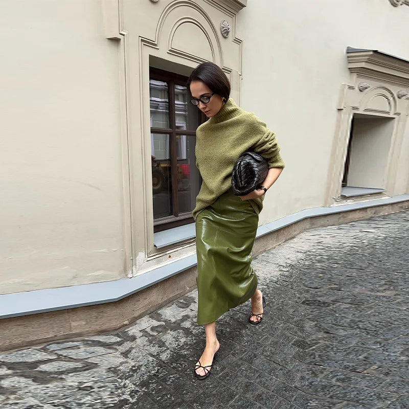 Hnewly  Street Green Leather Jacket Skirt Sets Women Stand Collar Zipper Pleated Coat Spliced Long Skirts Autumn Lady Y2k Outfits