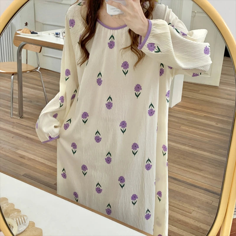 Hnewly Long Sleeve Nightgowns Women Floral Bow Temper Autumn Home Cozy Aesthetic O-neck Prairie Chic All-match Sleepwear Korean Style