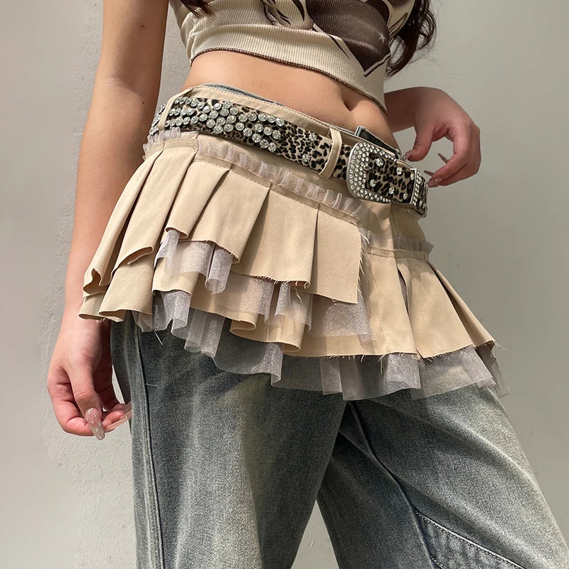 Hnewly Fairycore Grunge A-line Cargo Skirt Khaki Low-waisted Mesh Patchwork Pleated Super-short Skirts Layering Bottoms Street