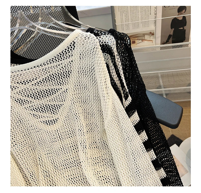 Hnewly Black White Striped Ice Silk Knitted Sweater Women Long Sleeved Loose Lazy Style Mesh Pullover Spicy Girl Hollow Out Top