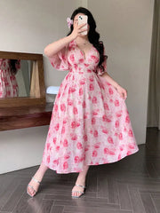 Hnewly  New Big Size Sexy V-Neck Floral Print Long Dresses Summer Side Slits Petal Sleeves Elegant Party Dress Plus Size Woman Clothing