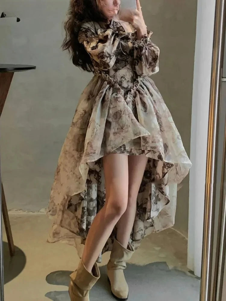 Hnewly  Autumn Floral Fairy Dresses for Women Luxury Designer Slim Korean Princess Dresses Female Chic Elegant Casual Party Dresses