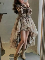 Hnewly  Autumn Floral Fairy Dresses for Women Luxury Designer Slim Korean Princess Dresses Female Chic Elegant Casual Party Dresses
