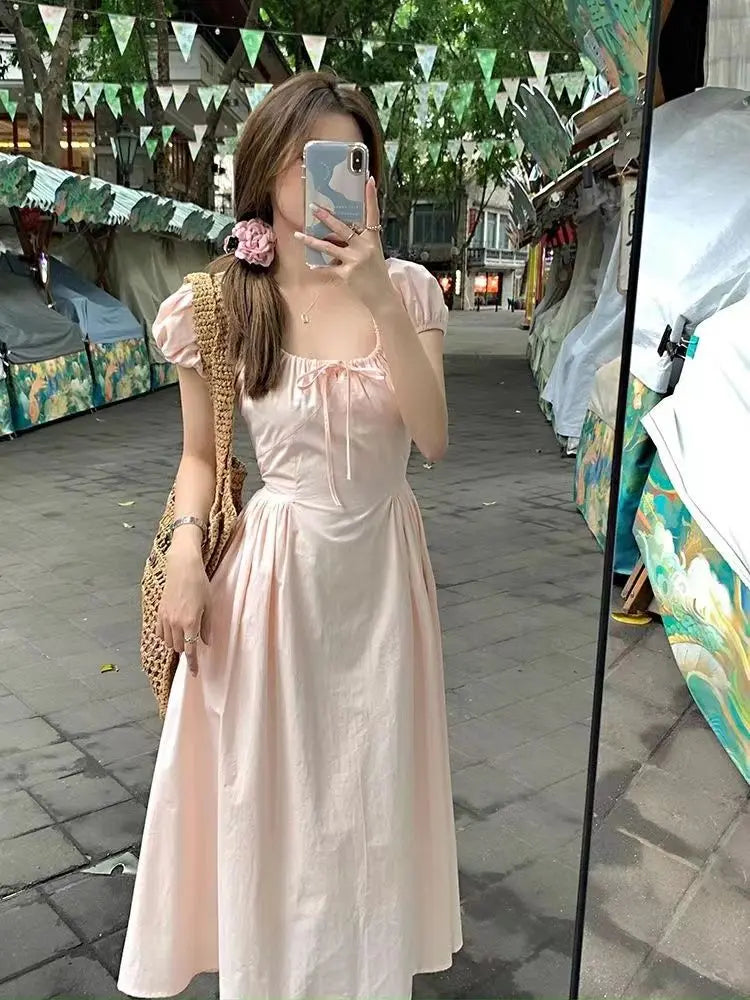 Hnewly  Woman Dress Sweet Square Collar Drawstring Square Collar Short Sleeve Summer Fashion Princess Female Elegant Dresses
