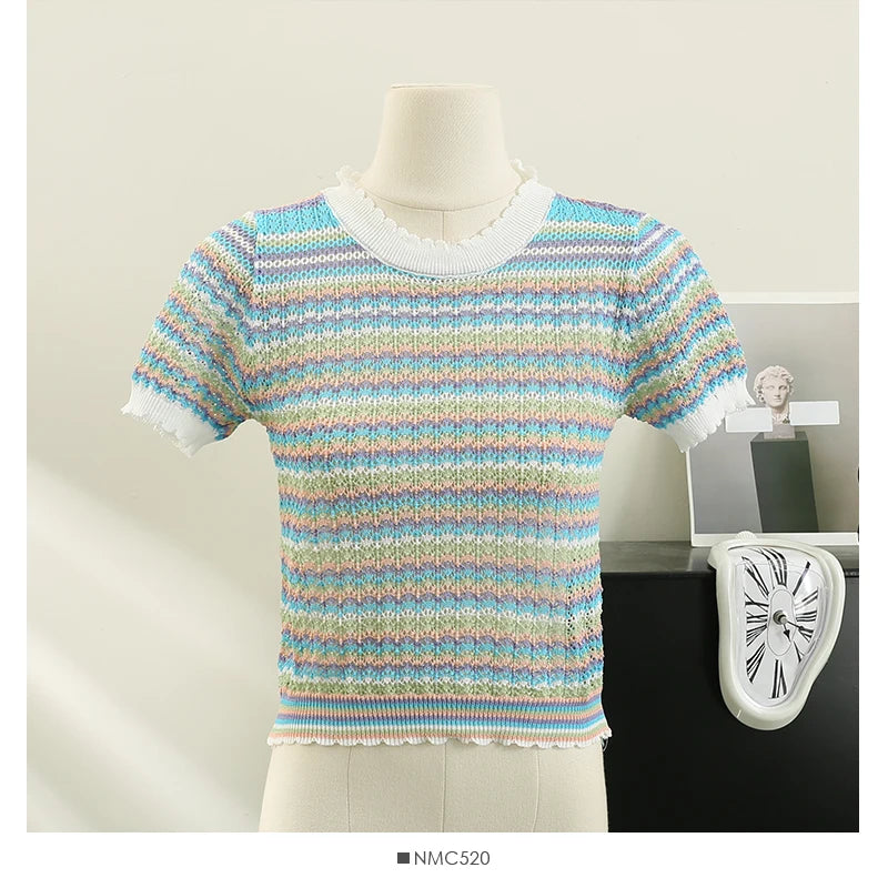 Hnewly Colorful Striped Knitted T Shirt For Women Spring Summer Hollow Out Sexy Streetwear Tops Korean O-Neck Short Pullover Blouses