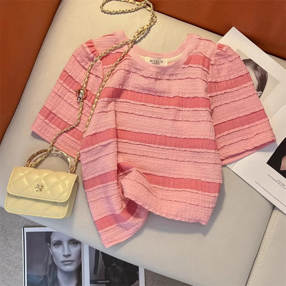 Hnewly  Pink Striped T-shirt Women's Sweet Dopamine  Korean Style Short Top Classic Round Neck Versatile Short Sleeved Tee