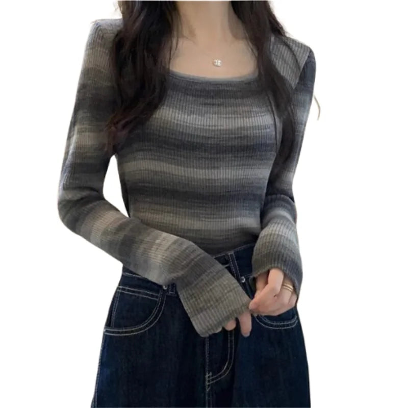 Hnewly y2k Tops Women Casual Clothes Striped Square Neck Long Sleeve Knitted T Shirts 2000s Aesthetic Clothing Streetwear