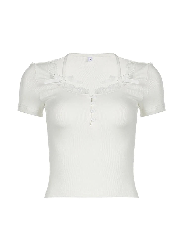 Hnewly Neck Lace Trim Bow Cute Black Y2K T-Shirt Women Button Up Slim Short Sleeve White Tees Sweet Balletcore Clothing