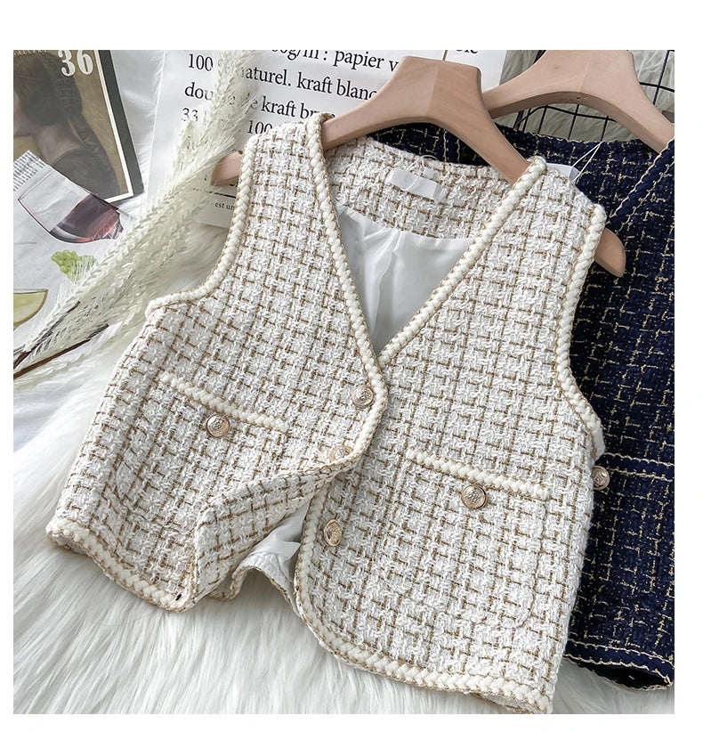 Hnewly  Women New Autumn Tweed Elegant Vintag Vest V-neck Sleeveless Slim Pockets Waistcoat Ladies Fashion Womens Short Small Vest