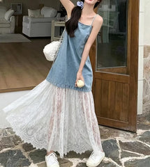 Hnewly  Fashionable Splice Denim Look Strap Dress Women's Style Spring Silk Long Dress Sweet Youthful A-Line Skirt No Sleeve Mid-Waist