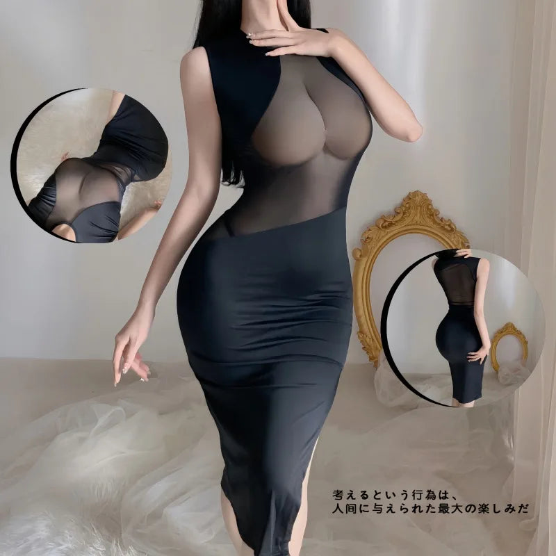 Hnewly Sexy Lingerie Black Thin Sheath Wrap Hip Long Bold Dress Nightclub Erotic Passion Sheer Charm Sleeveless Design Fashion X45Q