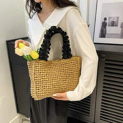 Hnewly  Ruched Handle Straw Bag Bohemian Woven Bags for Women Purses and Handbags Paper Rope Beach Bag Shoulder Bags Small Shopper Tote