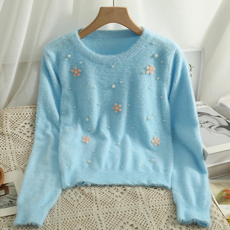 Hnewly  Women's Short Sweater Autumn Winter Fashion Beaded Slim Long Sleeve Pullover Korean Versatile O-neck Loose Knitted Tops