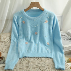Hnewly  Women's Short Sweater Autumn Winter Fashion Beaded Slim Long Sleeve Pullover Korean Versatile O-neck Loose Knitted Tops